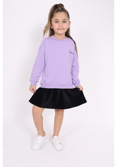 Toontoy Kız Çocuk Göğsü Yazı Baskılı Elbise Lila