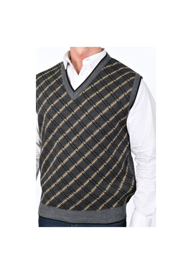 Kamalı Gri Erkek Çelik Örgü Ekose Desenli Kalın Triko V Yaka Triko Örgü Tüylenmez Süveter Regular Gri