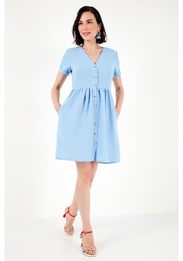 Lela Cepli Önü Düğmeli Kısa Kollu V Yaka Regular Fit Bayan Elbise 611El222 Bebe Mavi