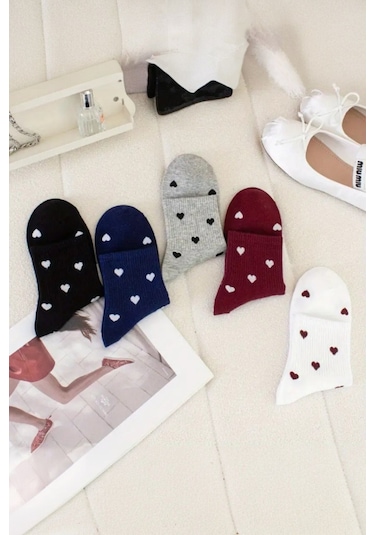 Kadın 5 Çift Premium Kalite Minimal Kalp Desenli Kısa Kolej Çorap Çok Renkli Çok Renkli