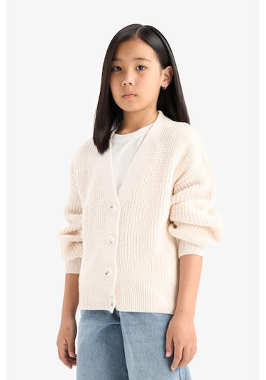 Defacto Kız Çocuk V Yaka Düğmeli Triko Hırka A2298a825auer105 Ekru
