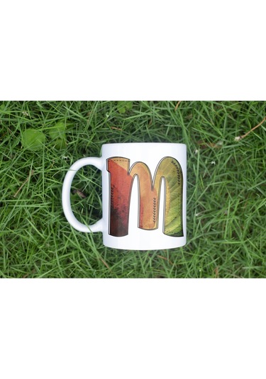 M Harf Yaprak Renkleri İle Kupa Bardak - Kişiye Özel Alfabe Harfli Bardak - Hediye Beyaz