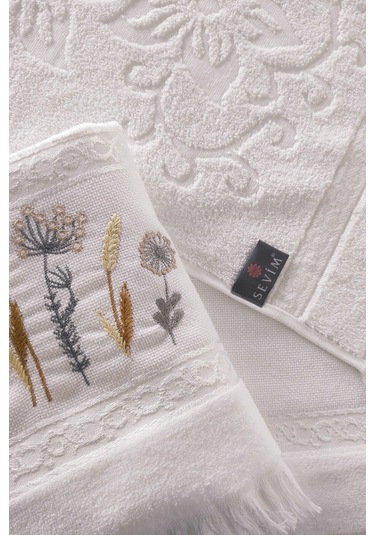 2'li Nakışlı Jakarlı Kadife El Yüz Havlusu - %100 Pamuk - Beyaz Beyaz Beyaz