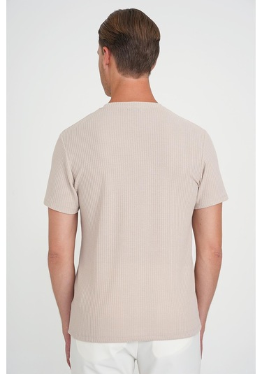 Comfort Fit Bisiklet Yaka Fitilli Kısa Kol Bej Tişört Ts 912 Bej