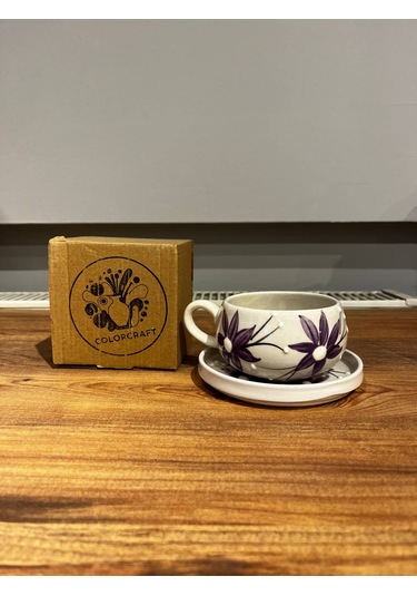 Mor Çiçek Seramik Kupa, Mug, Double Türk Kahvesi Filtre Kahve