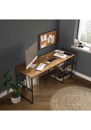 Robinhome Robin Home Atlantis Metal Ofis Büro Çalışma Masası Raflı 160Cm As Açık Kahverengi