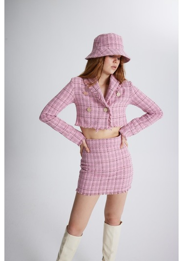 Holly Lolly Tüvit Kumaş Logolu Bucket Tweed Şapka Pembe