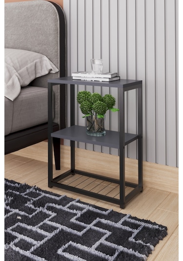 Metal Ayaklı Ve Ahşap Raflı Dekoratif Komodin Antrasit Gri Antrasit