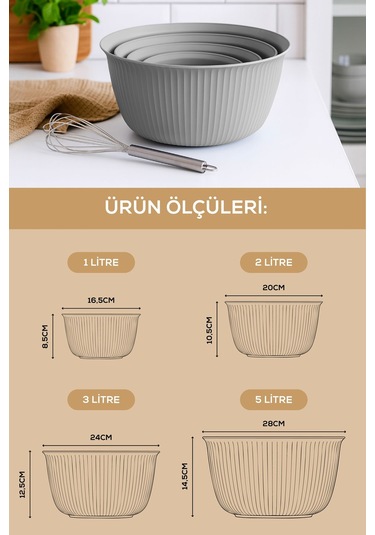 4'lü Mega Boy Plastik Karıştırma Ve Saklama Kase Seti 1l, 2l, 3l, 5l Gri Gri