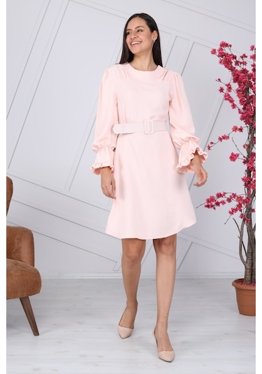 Kadın Kemer Detaylı Volan Kol Midi Elbise 4078/100 001