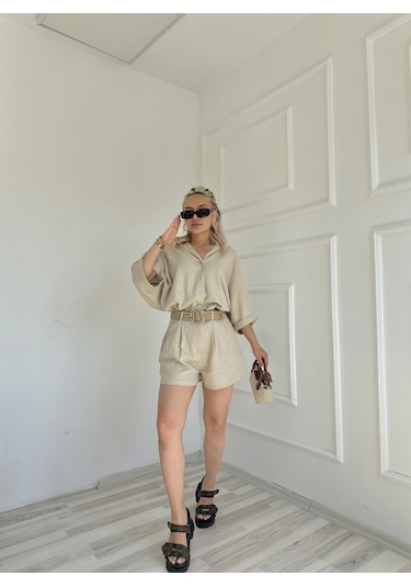 Keymoda Kadın Gömlek Şort Keten Takım Taş Rengi Taş Rengi