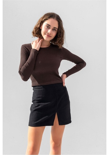 Gri Uzun Kollu Fitilli Bluz Crop Örme T-shirt Kahve