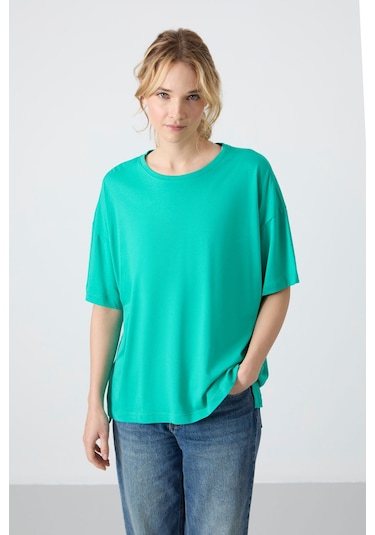 Tommy Life Deniz Yeşili Penye Modal Yumuşak Tuşeli Oversize Fit Basic Kadın T-shirt- 97285 Deniz Yeşili