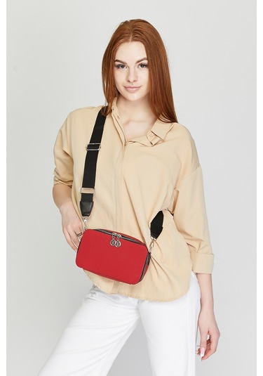 Morpelikan Kırmızı Kabartma İki Bölmeli Kadın Omuz Çantası Kırmızı