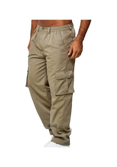 Ayw Erkek Pantolon Çok Cepli Düz Orta Bel Kargo Pantolon Günlük Giyim İçin Haki