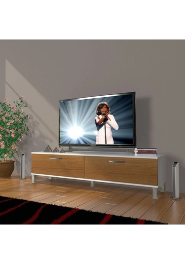 Decoraktiv Eko 140 Mdf Std Krom Ayaklı Tv Ünitesi Tv Sehpası - Beyaz - Ceviz Beyaz - Ceviz