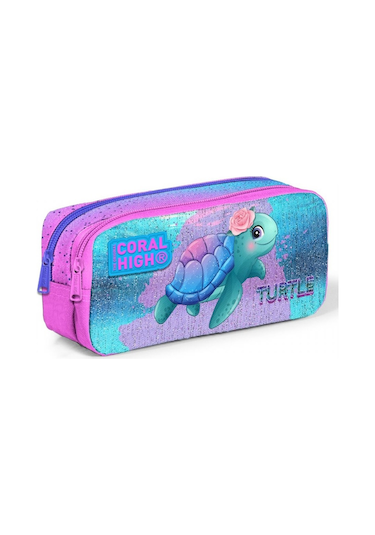 Coral High İki Bölmeli Kız Çocuk Pembe Yeşil Kaplumbağa Kalem Çan
