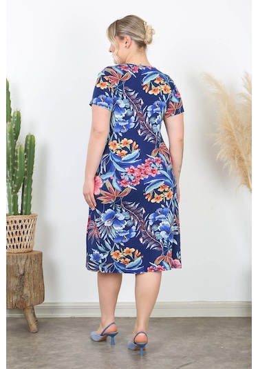 Kadın Lacivert Pembe Tropikal Desen Midi Elbise Lacivert