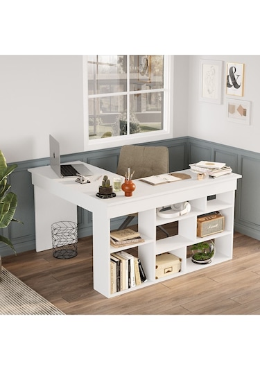 Corner Kitaplık Raflı Çalışma Masası Çam-antrasit Cor5-w Beyaz