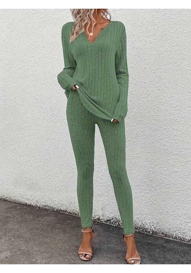 Kadın Uzun Kollu V Yakalı Bluz Alt Tayt Şardonlu Kaşkorse Ikili Takım