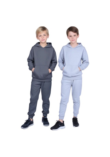 2'li Kanguru Cepli Kapüşonlu Düz Baskısız Erkek Çocuk Eşofman Takımı Füme - Gri