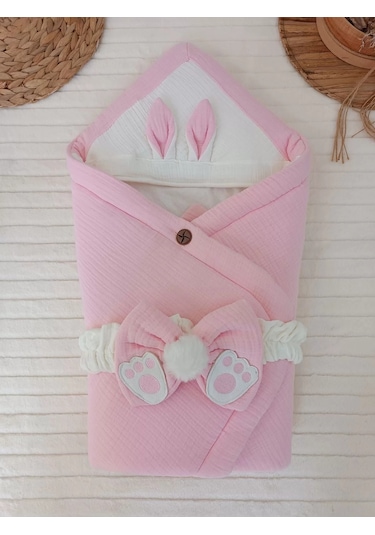 Yenidoğan 4 Kat Müslin Kumaş Kulaklı Patili Fiyonk Bebek Battaniyesi Kundak Pembe Çok Renkli