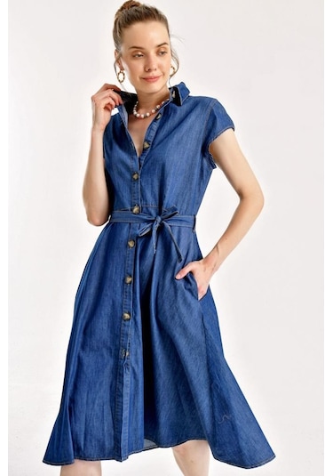 1677 Boydan Düğmeli Bel Kuşak Kot Elbise - Lacivert 001