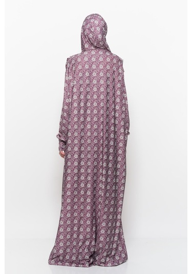 Pratik Tek Parça Güneş Desenli Kollu Tak Çıkar Başörtülü Likralı Tesettür Namaz Elbisesi 990-0302 Bordo Antrasit