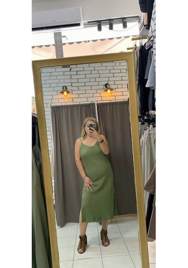 Tuba Toptaş Yırtmaçlı Gofre Elbise Haki