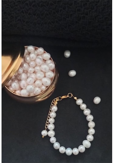 24k Altın Kaplama 8-9 Mm Gerçek İnci Sade Bileklik Beyaz Tek Ebat