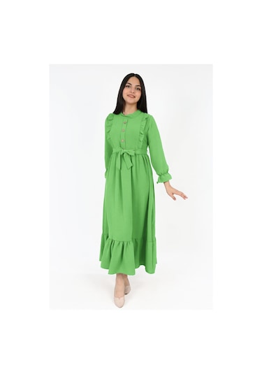 Kiz Cocuk Uzun Elbise Aerobin Keten Kumaş Tesettüre Uygun Uzun Boydan Elbise Erik Yeşili