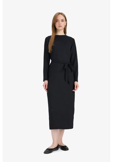 Defacto Regular Fit Bisiklet Yaka Bağlamalı Uzun Kollu Maxi Elbise D9063ax25spbk81 Siyah
