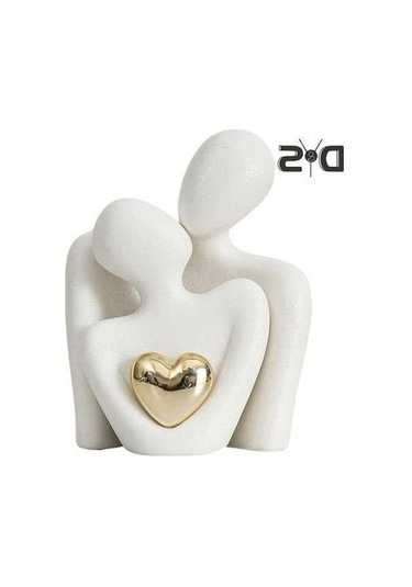 Novahub Çift Kucaklama Heykeli Beyaz Seramik Altın Kalp Erkek Kadın Aşk Heykeli Oturma Odası Yatak Odası Biblo M