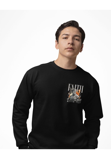Baskılı Unisex, Sıfır Yaka Regular Sweatshirt Siyah