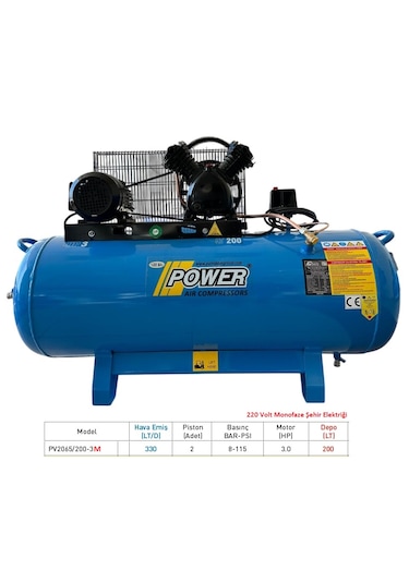 Power PV2065/200 - 3M 200 L Döküm Kafalı Pistonlu Kompresör 220 Volt Monofaze