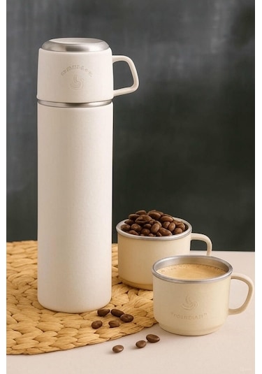 304 Paslanmaz Çelik 3 Bardaklı Termos Seti Çay Kahve Piknik Kamp Krem Krem