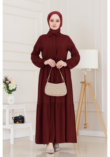 Gömlek Yaka Beli Tünelli Sare Elbise-bordo-5067 Bordo