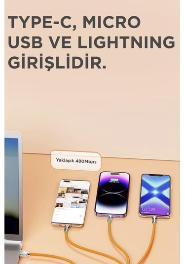 Torima U160 Siyah 3 In 1 USB To Type-C Lightning Micro Uçlu Şarj Data Kablosu
