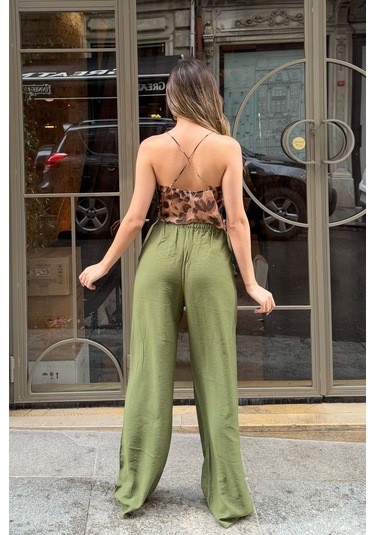 Pembe Keten Karışımlı Bol Kesim Pantolon Haki