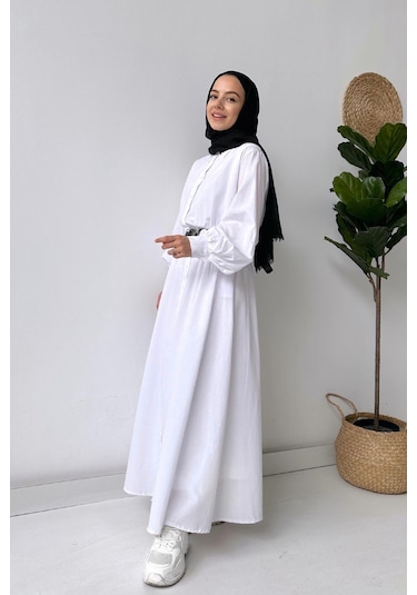 Manşetli Gömlek Elbise - Beyaz
