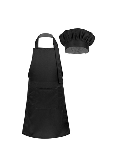 Siyah Çocuk Mutfak Yemek Pişirme Ve Pişirme Giyim Önlük Ve Cepli Şef Şapka Seti Çocuk Aşçı Kostümü L