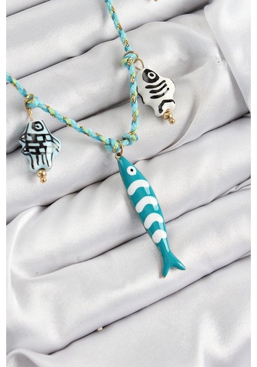 Seramik Motifli Balık Figürlü Model Mavi İp Kadın Kolye Çok Renkli