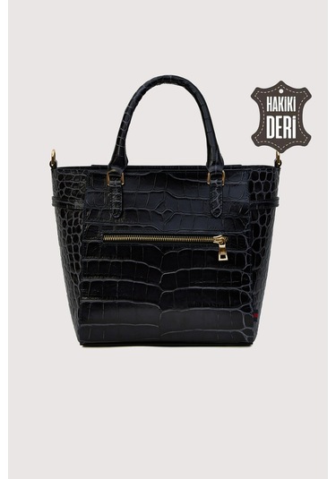 Hakiki Deri Kadın El Çantası Siyah Kroko Smr7922 Siyah Kroko