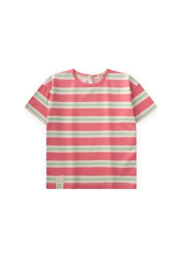 Cigit Çizgili Kız T-shırt 2-10 Yaş Pembe Yeşil Çizgili Pembe Yeşil Çizgili