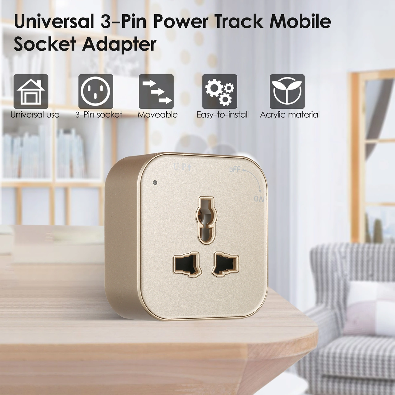 Youtek Altın Renkli Akrilik Uçaklı Tabanlı 3-pin Evrensel Tak Adaptörü - Kaydırılabilir Elektrik Rayı Uyumlu, Kolay Kurulum, Ev/ofis Kullanıma Uygun Altın