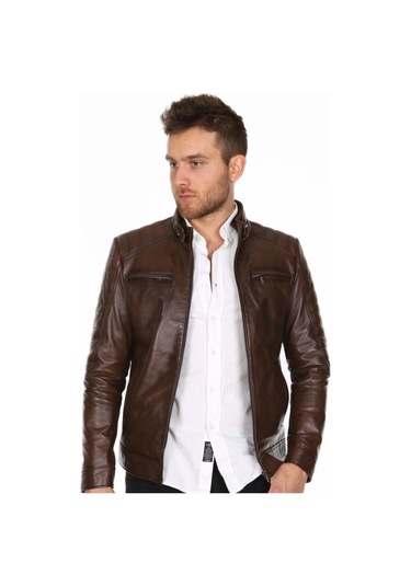Hakiki Kuzu Derisi Fermuarlı Erkek Hakim Yaka Ceket Omuz İşlemeli Ceket Kahverengi Kahve