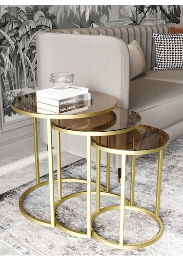 Dekoport Milas Gold Zigon Sehpa - Bronz Cam Gold Bronz