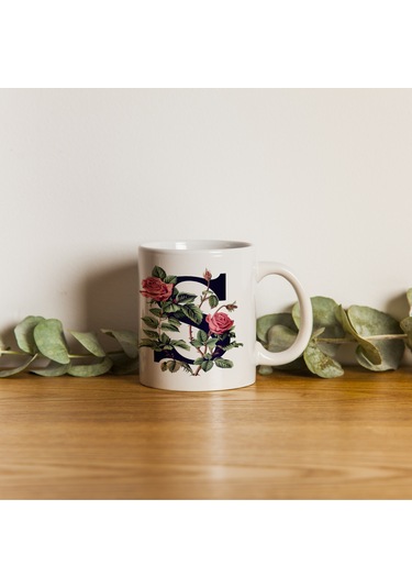 S Baş Harf Kırmızı Güller İle Sarılı Bardak 330 Ml Kişiye Özel Çiçekli Hediye Beyaz