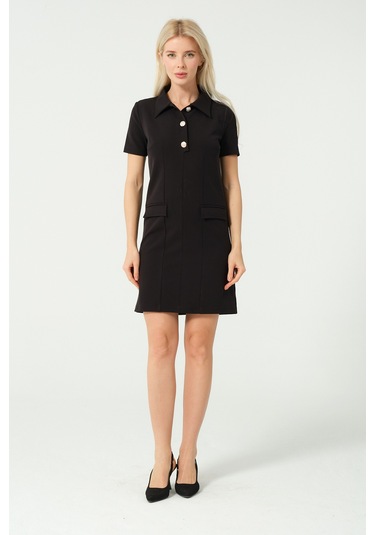 Polo Yaka Mini Elbise Siyah