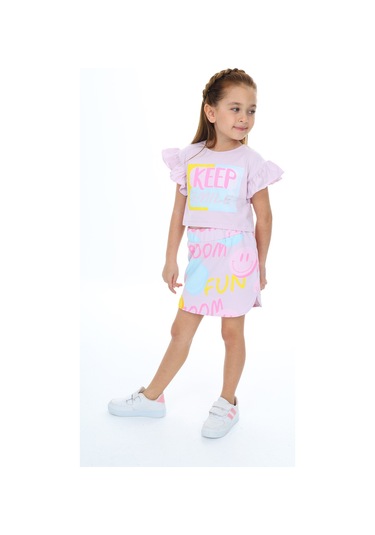 Toontoy Kız Çocuk Baskılı Etekli Takım Açık Lila